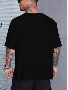 Men's T-Shirt With Minimalist 2H Print, Short-Sleeved Cotton T-Shirt With Round Neck, 2H Lettering. - Black - View 3