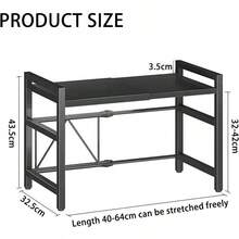 2 Tier Expandable Microwave Shelf Rack With 6 Hooks, Adjustable Kitchen Counter Organizer Shelves Microwave Stand Countertop Pot Pan Grill Storage Racks 40-64cm - Black - View 3