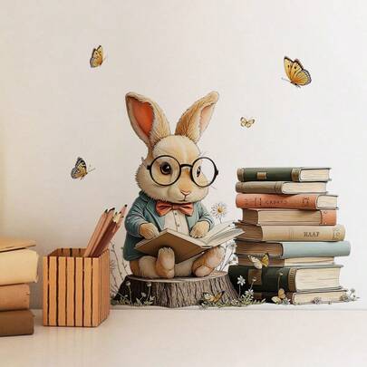 Easter Rabbit Book Tree Stump Butterflies Wall Decal Creative DIY Self-Adhesive Removable PVC Decorative Sticker, For Use On Living Room, Bedroom, Door, Window, Glass Surfaces For Beautification And Decoration.
