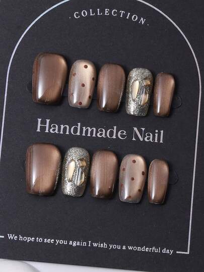 Juego de 10 pegatinas de uñas de estilo chino hechas a mano de estilo europeo y americano, tonos marrones Y2K, decoraciones de arte de uñas con diseños de ojos de gato con degradado pintado a mano, lunares y diamantes. Incluye 1 set de gel de gelatina y 1 set de limas de uñas, ideal para uso diario y looks de fiesta del festival de música Coachella, perfecto para pegatinas de uñas y productos para el cuidado de las uñas.