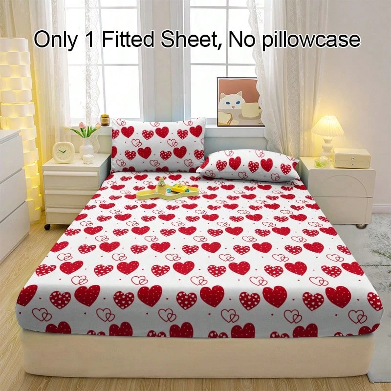 1件白色底心形图案透气床笠，柔软舒适的床垫罩，适用于卧室、客房和宿舍，床垫保护套，床上用品套装（不含枕套） - 彩色 - 查看 1