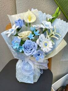 Blue & White Yarn Flower Craft Set, Upgraded DIY Handmade Kit, Suitable For Mother's Day, Graduation, Valentine's Day And Holiday Gifts, Yarn Craft Set, Blue & White Yarn Flower Set - Blue and White - View 5