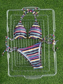 Bộ bikini buộc dây cổ yếm phối màu tươi tắn, kiểu dáng châu Âu và Mỹ dành cho nữ, gồm áo và quần tam giác, thích hợp cho kỳ nghỉ hè trên bãi biển. - Nhiều màu - Xem 5