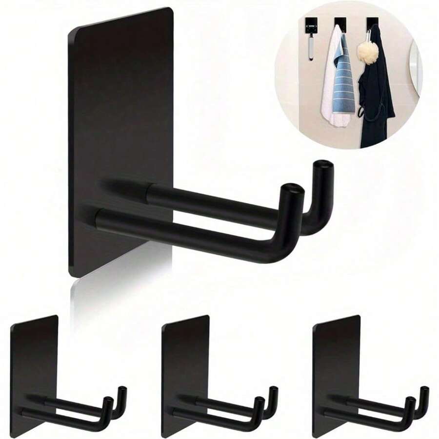 4-6pcs Stainless Steel Adhesive Hooks, Strong Sticky Bathroom Kitchen Organizer Hooks, Suitable For Hanging Hats, Coats, Keys, Etc. (Black) - Black - View 1