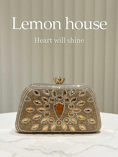 1pc Glamorous Elegant Shiny Gold Evening Bag, Luxury Rhinestone Studded Clutch Purse For Women, Suitable For Banquet, Party, Wedding, Prom, Ramadan, Comes With Metal Chain Strap, Great Gift For Ladies