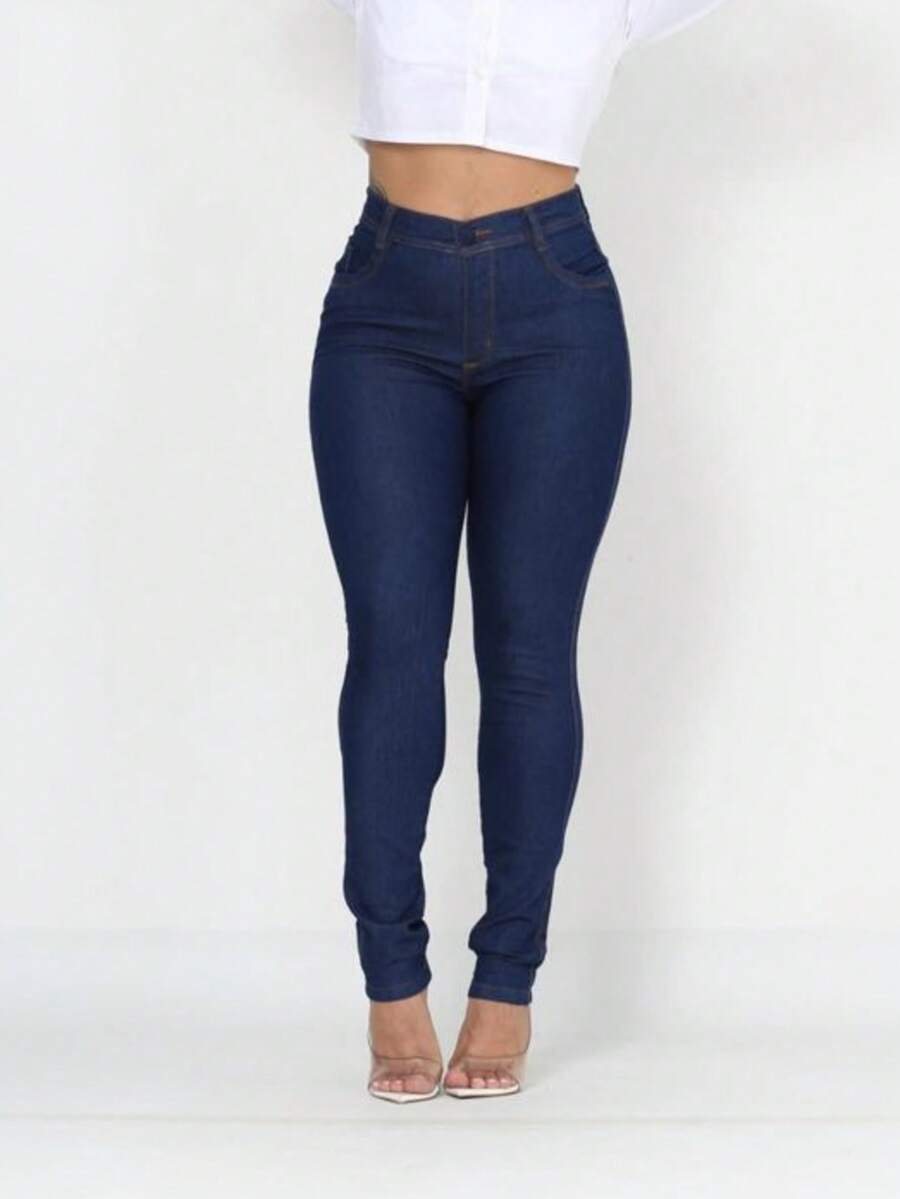 Women's High-Waisted Skinny Jeans With Lycra Effect And Butt Lift - Dark Wash - View 1