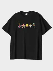 SpongeBob SquarePants T-shirt à manches courtes col rond pour femmes 2026 ! T-shirt décontracté blanc en tricot à manches courtes col rond avec imprimés graphiques amusants, convient pour les vacances, les fêtes, le style Y2K, les imprimés de dessins animés et de lettres. - Noir 1 - Voir 7