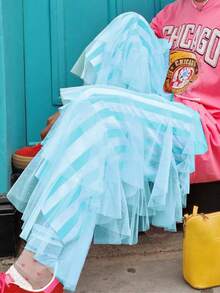 Women's Long Tiered Ruffled Tulle Pants High Waist Stripe Print Layered Mesh Wide Leg Palazzo Pants For Club Party - 藍色 - 查看 3