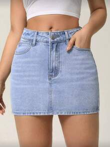 Women's Fashionable Casual Fitted Washed Denim Mini Skirt, Summer - Light Wash - View 1