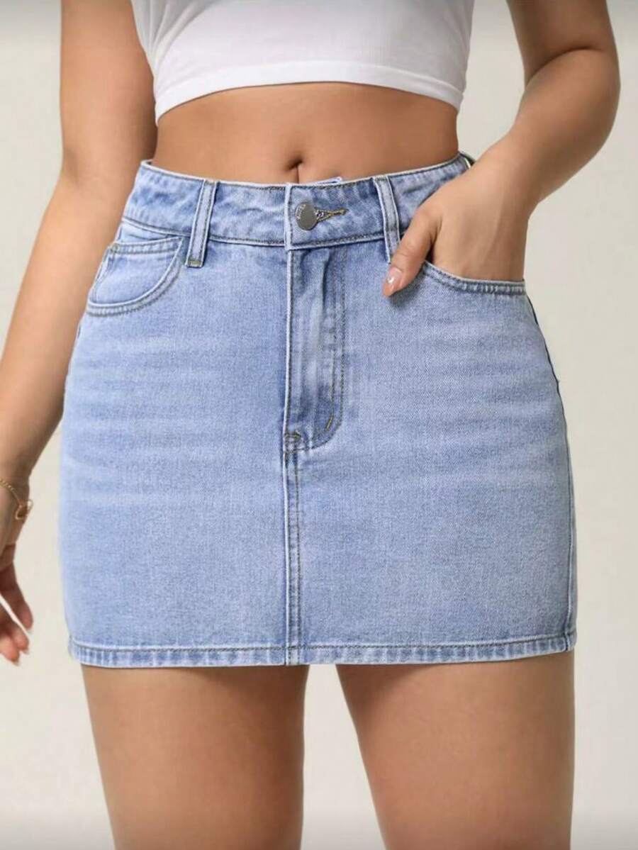 Women's Fashionable Casual Fitted Washed Denim Mini Skirt, Summer - Light Wash - View 1