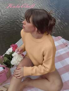 HoloChill 女士休闲纯色圆领套头毛衣，夏季休闲新款嘉年华 - 駝色 - 查看 7