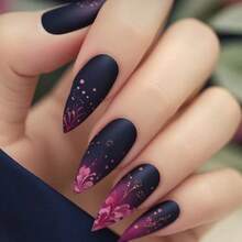 Women's Almond-Shaped Manicure With Glossy Black Base And Magical Purple Ombre Floral Pattern Design