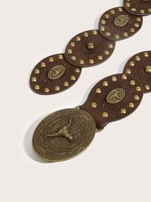 1条波西米亚风西部牛仔腰带，女士波西米亚风腰带，西部腰带，女士腰带，Y2K腰带，Y2K配饰，女士腰带，西部腰带，女士时尚配饰，青铜色牛头金属铆钉椭圆形贴片棕色腰带，连衣裙和牛仔裤配饰，派对，节日，生日，海滩，音乐节礼物 - 棕色 - 查看 6