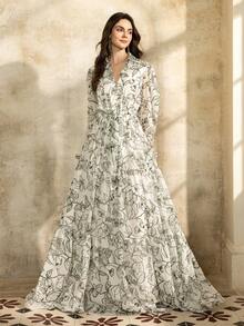 Faeriesty Elegant Shirt Collar Printed Mid-Length Dress: Layered Ruffle Hem Puff Sleeve Dress, Front Button Closure, Adjustable Waist Tie, Lightweight And Flowing Fabric - Perfect For Garden Weddings, Boho Bride Photoshoots, Romantic Getaways, Outdoor Celebrations, And Destination Vacations. Party - White - View 5