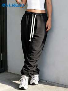 GEMCHO 弹力腰带抽绳运动裤，适合毕业季、返校季、女教师服装 - 黑色 - 查看 4