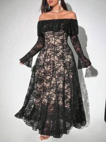 Pretty and Ole Đầm ren ôm sát hở vai cổ bèo nhún - màu đen - Xem 3