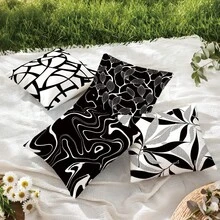 MEMNUN 4pcs Modern Simple Black & White Abstract Geometric & Plant Printed Pillow Case Covers (Pillow Inserts Not Included), Peach Velvet Fabric Single-Sided Printing, 17.7*17.7in(45*45cm)/19.69*19.69in(50*50cm)/15.75*15.75in(40*40cm) Cushion Covers, Suitable For Home Decor Living Room Sofa Pillows, All Seasons, Gift - Multicolor - View 9
