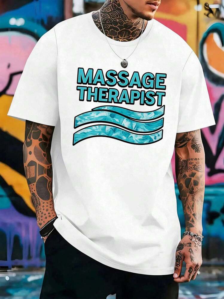 OVERSIZED Massage Therapist Graphic Print T-Shirt, Round Neck, Loose Fit, Casual, Comfortable Fit, Unique Graphic Print - 白色 - 查看 1