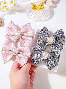 4pcs/2pcs New Heart Pearl Edged Plaid Fabric Bow Hair Accessories, Bow Duckbill Hair Clips, Fabric Bow Ponytail Clips, Fashionable Hair Decorations - Multicolor - View 9