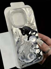 1个羽毛贝壳极简主义IMD花卉油画黑猫图案手机壳，可个性化定制，兼容 16 Pro Max、15/14 Plus、13、12、11，保护套 - 彩色 - 查看 3