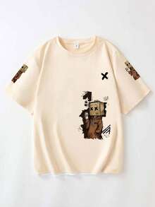 Camiseta de manga corta casual con estampado de dibujos animados para mujer, verano - Beis - Ver 2