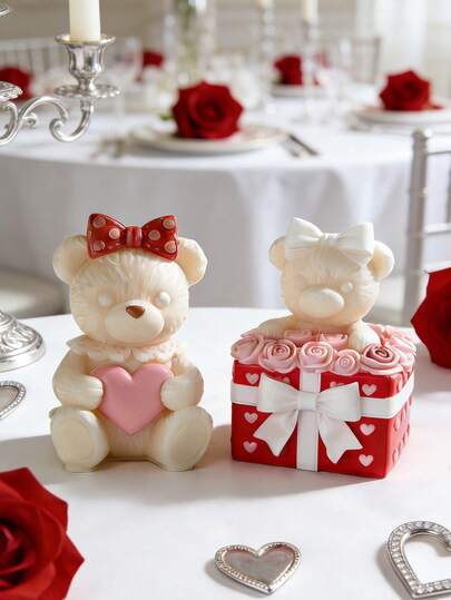 1 pieza Molde de silicona con diseño de osos de pareja lindos y rosas tulipán, fácil de desmoldar y limpiar, para hacer velas de aromaterapia DIY/adornos decorativos, regalo para el Día de San Valentín, temporada de bodas y mujeres