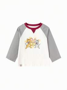 Balabala 汤姆和杰瑞男童长袖T恤，圆领，趣味卡通印花，柔软舒适面料，春季休闲装 - 品灰 - 查看 1