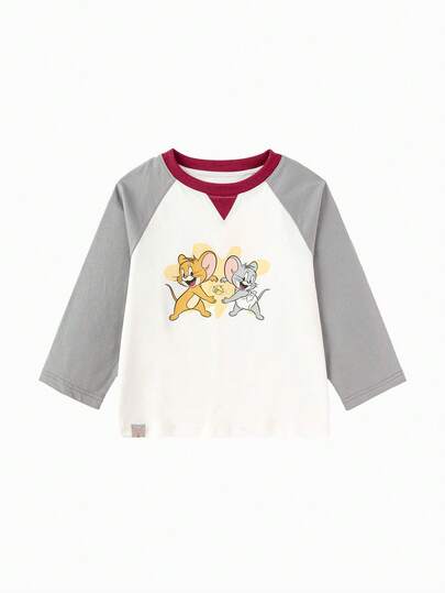 Balabala 汤姆和杰瑞男童长袖T恤，圆领，趣味卡通印花，柔软舒适面料，春季休闲装