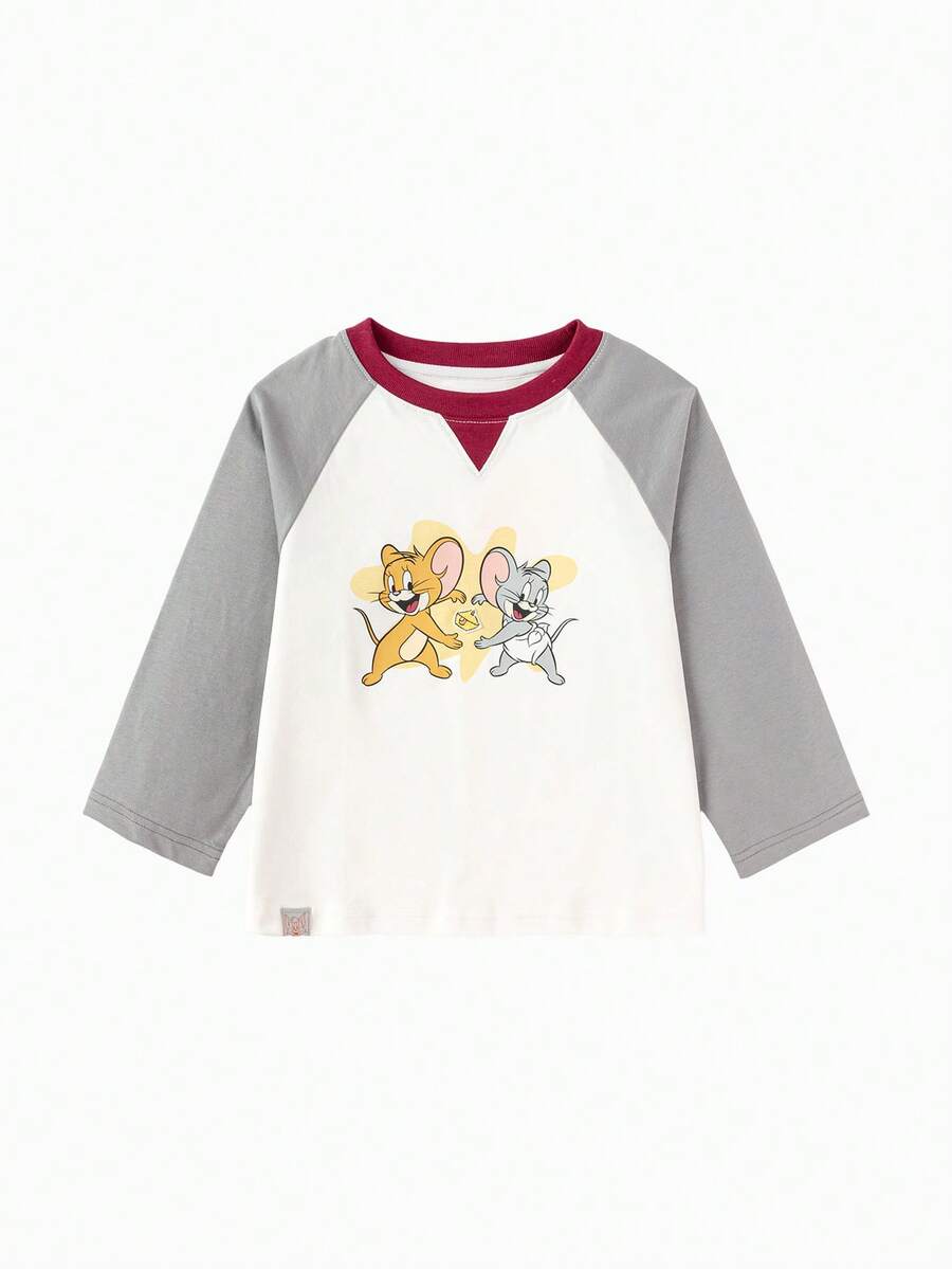 Balabala 汤姆和杰瑞男童长袖T恤，圆领，趣味卡通印花，柔软舒适面料，春季休闲装 - 品灰 - 查看 1