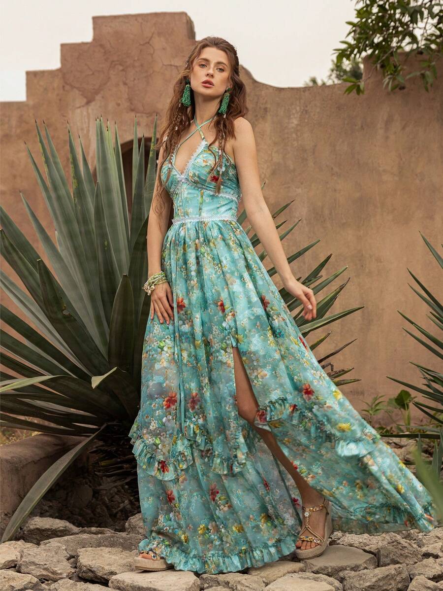 Faeriesty Elegant Bohemian Style Printed Maxi Dress: Strapless Neckline, Tie-Back, Layered Ruffle Hem, High Slit, All-Over Printing, Flowing Lightweight Fabric - Perfect For Wedding Guests, Bohemian Bride Photoshoot, Garden Wedding, Destination Wedding, Romantic Getaway Summer - Green - View 1