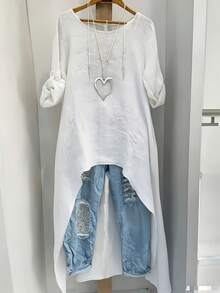 Women's Linen Irregular Long Top, Round Neck, Loose Fit, Retro Style, Shorter In The Front And Longer In The Back, Elegant And Versatile For Spring And Autumn, Fashionable And Unique Shirt. - trắng - Xem 7
