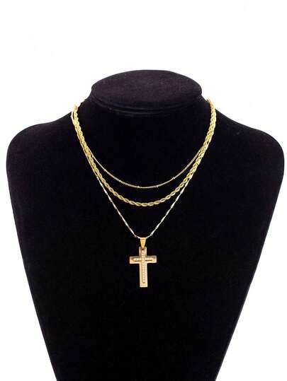 3pcs Fashionable Vintage Versatile Multi-Layer Gold Stainless Steel Chain Necklace With Cross Pendant, Suitable For Daily, Vacation, And Decoration Wear