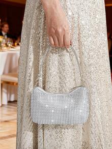 Bolso de mano con decoración de strass, bolso elegante para asistir a bailes, fiestas y eventos - Plateado - Ver 3
