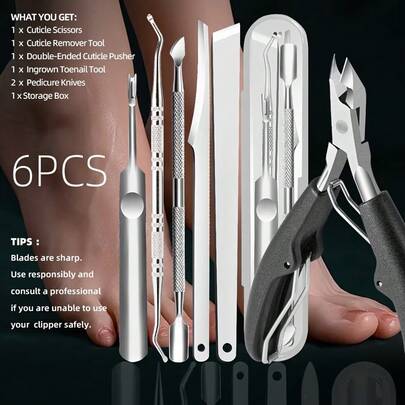 6 piezas Kit de cuidado de uñas premium, incluye cortaúñas, empujador de cutículas y herramientas para pedicura - Esmalte de glicerina, tijeras, lima de uñas - Juego de manicura y pedicura profesional para uso en el hogar o en el salón