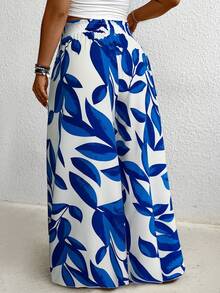 Pretty and Ole Plus Size All-Over Print Belt Tie Waist Wide Leg Pants - Blue - View 4