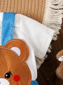 2pcs Baby Girls Cute Solid White Short Sleeve T-Shirt + Bear Graphic Suspender Shorts, Summer Vacation Style - White - View 8