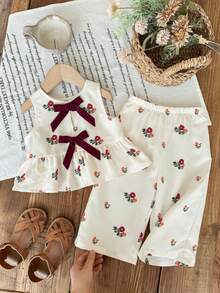 Set de 2 piezas con top sin mangas con estampado floral y pantalones casuales sueltos para niñas - Blanco - Ver 3