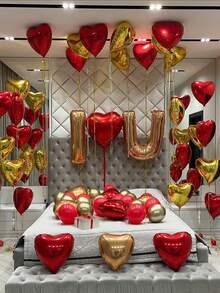 Red & Gold Decor Set - Large Gold LOVE Letter - Large Heart/Set, Polyester Foil Balloon Love Banner, Red Ribbon, Suitable For Valentine's Day, Anniversary, Wedding, Birthday Party, Home Decor, Hotel Decor, Photography Props - Multicolor - View 8