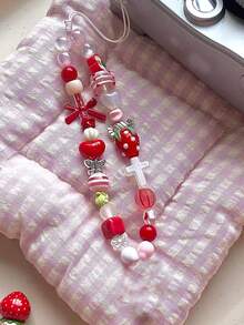 1pc Fashion Women's INS Style Red Strawberry Pearl Alloy Bow Crystal Candy Flower Spring Phone Lanyard Keychain Compatible With Phone Case Accessories - Multicolor - View 2