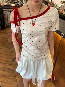 Sweet & Hot Girl Heart Print Asymmetric-Shoulder Short Sleeve T-Shirt, Tie-Up Design, Slim Fit, Summer - White - View 4