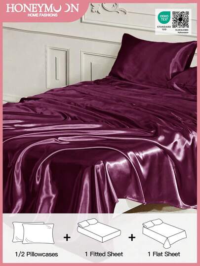 3/4pcs Bedding Set: 1pc Satin Fitted Sheet + 1pc Satin Flat Sheet + 1/2pcs Satin Pillowcase, Soft & Breathable, Wrinkle-Resistant, Improve Sleep Quality, Luxury Hotel Style, 9.84 Inch/25cm Deep Pocket, Machine Washable, Fits All Bed Sizes - Twin, Full, Queen, King, Oeko-Tex Certified, Purple