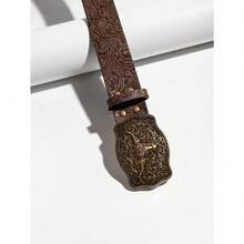 1pcs Western Cowgirl Embossed Retro Buckle Leather Belt Set For Women Summer, School Fall, Autumn, Halloween - Brown - View 4