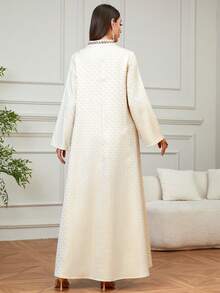 优雅V领刺绣长款卡夫坦连衣裙，饰以串珠和亮片，适合宴会、约会、居家、日常穿着。 - 杏色 - 查看 2