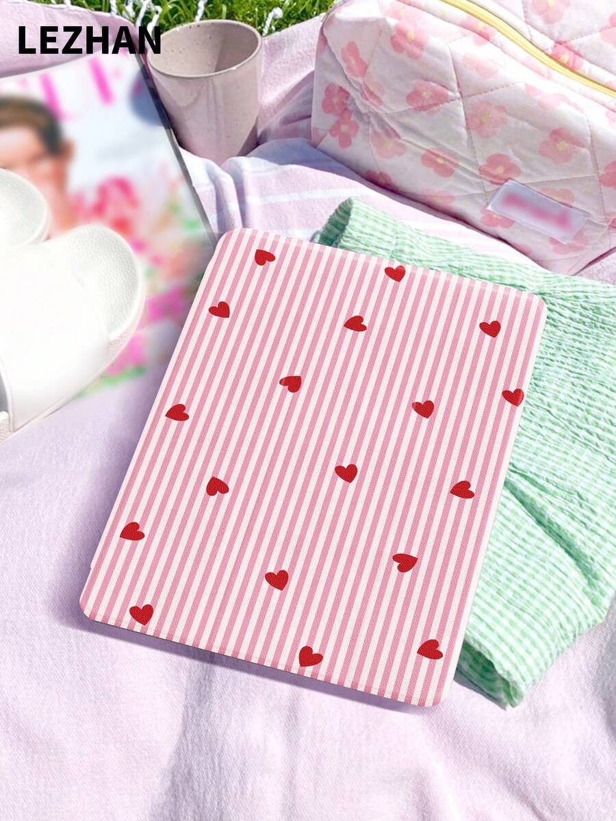 1 件粉色条纹爱心设计平板电脑保护套，带笔槽，防震，三折支架，兼容 iPad 10.2 英寸、iPad Pro 11 英寸（2021/2020/第十代）、iPad (A16) 11 英寸（第十一代，2025 年）、iPad 第八/九/十代、Galaxy Tab A8 10.5 英寸（2022 年）、Matepad 10.4 英寸/平板电脑，情人节浪漫礼物 - 彩色 - 查看 1