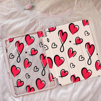 1pc Cute Cartoon Red Heart Pattern Double-Sided Acrylic Transparent Crystal Back Cover, Shock-Proof, Suitable For IPad 7th, 8th, 10th Gen (10.2 Inch), Built-In Pencil Slot, Support Sleep/Wake Function, Ideal Christmas & New Year Gift