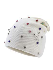 1pc Women's Fashion Colorful Rhinestone Brooch Punk Style Slouchy Knit Beanie Hat, Warm Woolen Cap For Autumn/Winter Outfits And Travel - A - View 8