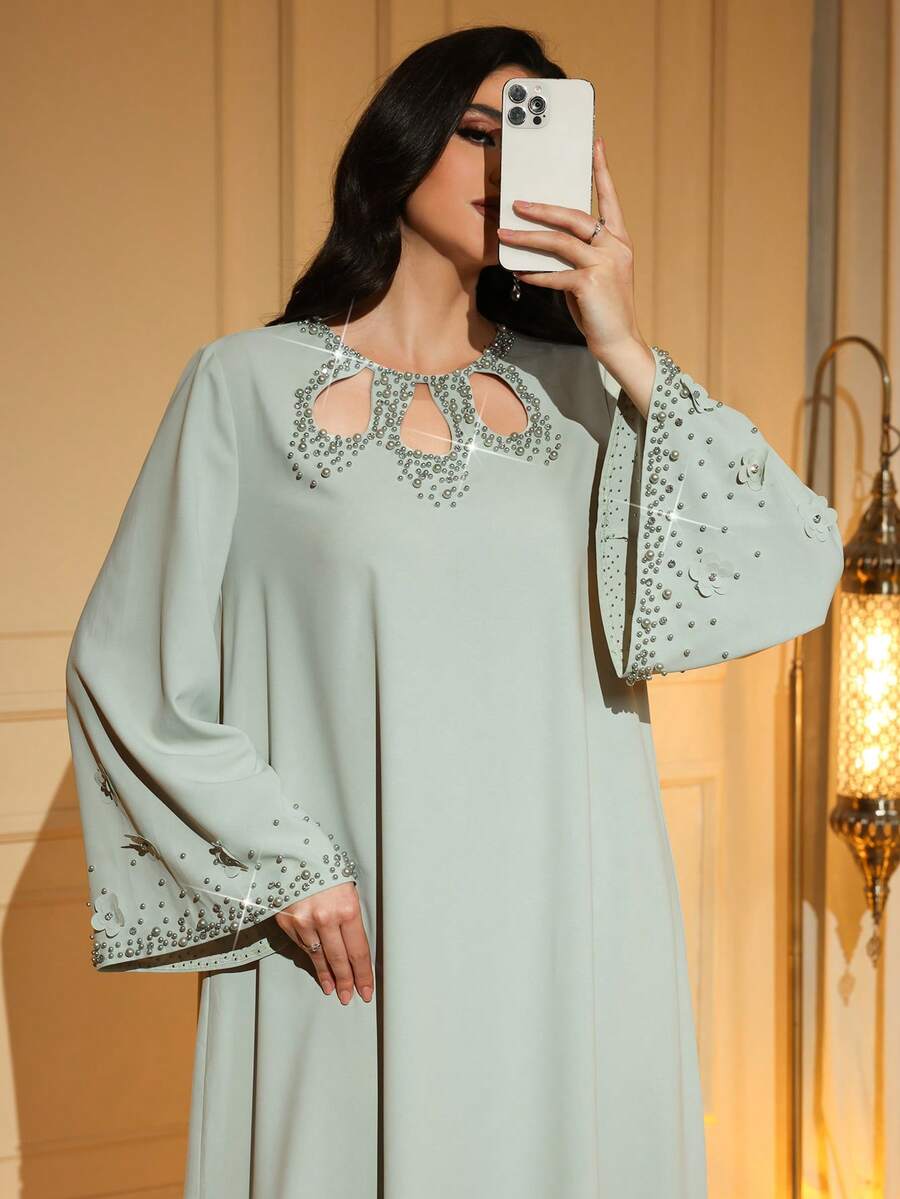 优雅阿拉伯风格长裙，圆领，长袖，提花贴花，珍珠和3D玫瑰镂空细节，无弹力 - 薄荷綠 - 查看 1