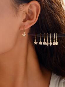 2pcs Star Flower Tear-Drop Zirconia Pendent Simple Earrings For Women, Daily Wear, Ramadan Jewelry - Yellow Gold - View 3