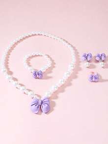 5pcs/Set Girls Cute Bow Pearl Jewelry Set, Includes Necklace, Bracelet, Earrings And Ring, Suitable For Girls Daily Wear And Party Birthday Gift - Multicolor - View 8
