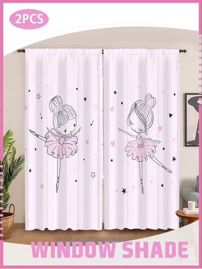 2PCS Cute Ballet Ballerina Curtains - Light Filtering Window Shades For Girls' Bedroom & Dance Room, Pink Ballerina Pattern Kids Home Decor (Multiple Sizes)Dance Studio Group Bulk Order